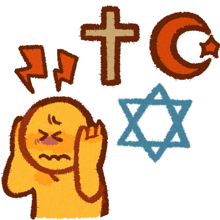 a yellow person covering their ears looking distressed & next to them there is a christian cross , star of david & star and crescent . 